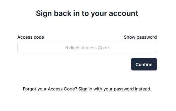 Access code screen