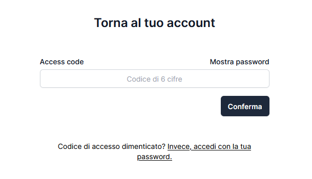 Schermata codice d’accesso