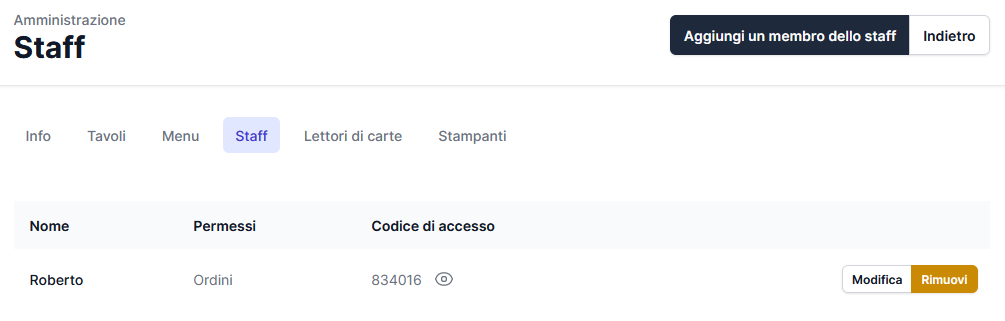Pagina Staff con i codici d’accesso