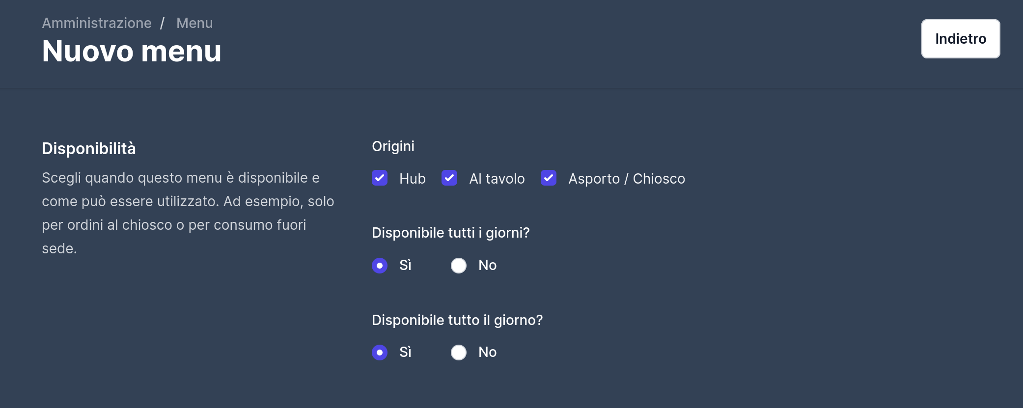 Impostazioni disponibilità menu