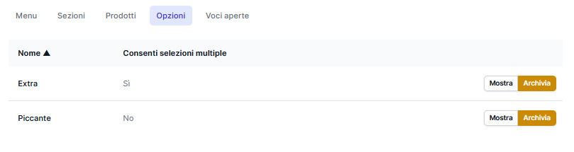 Pagina Gruppi di opzioni